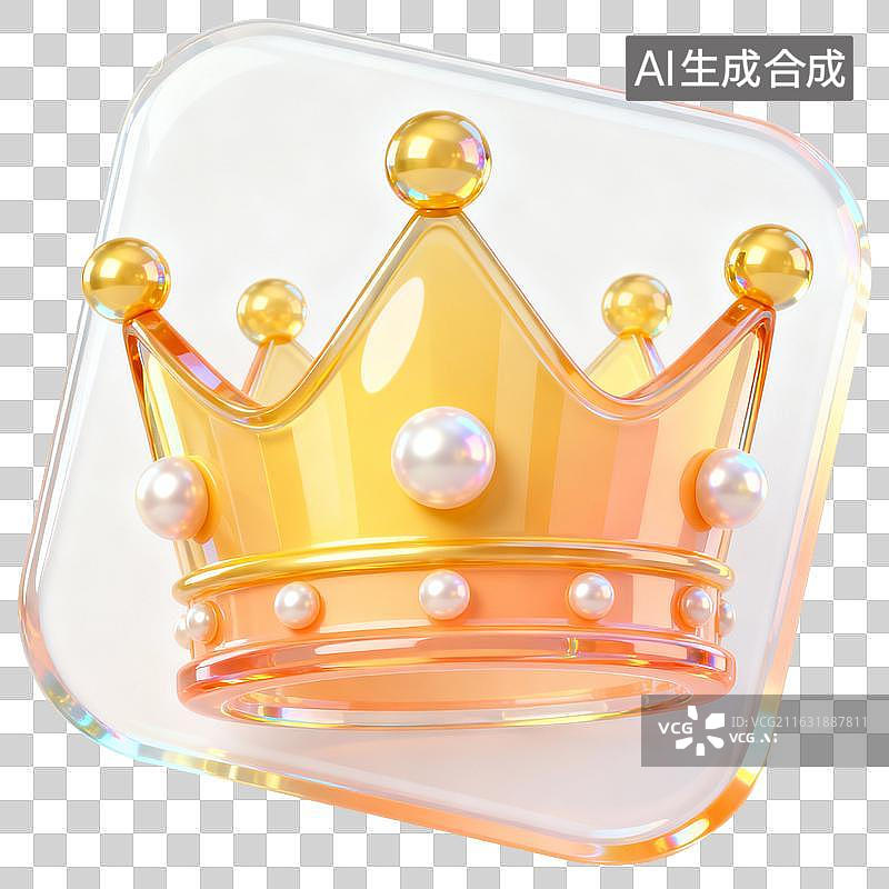 【AI数字艺术】透明圆角框内的珠光质感皇冠图标图片素材