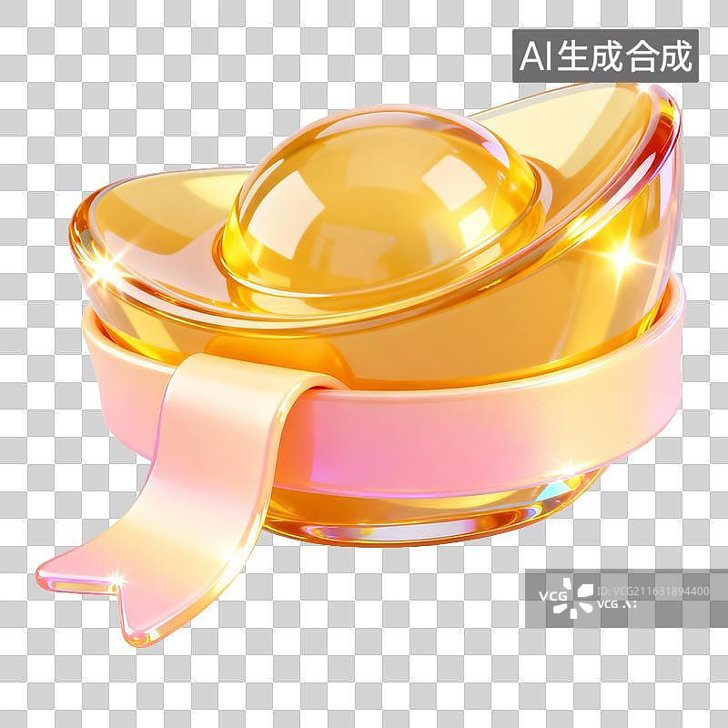 【AI数字艺术】透明质感金元宝丝带装饰图标图片素材