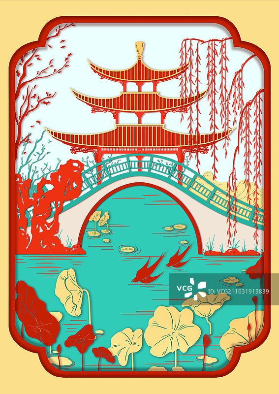 立体剪纸风-中国园林-艺术插画-原创插画图片素材