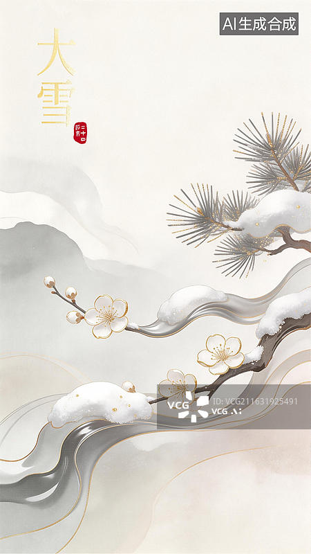 【AI数字艺术】21大雪 柔彩流体二十四节气插画 轻奢东方美学海报设计图片素材