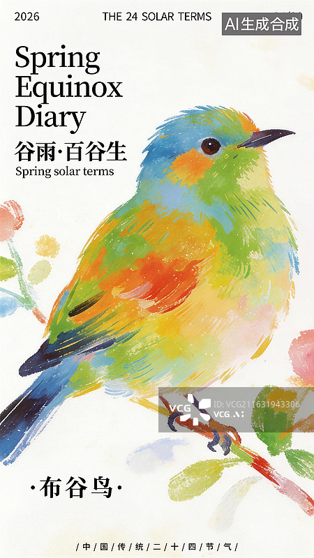 【AI数字艺术】手绘唯美水粉油画风格二十四节气谷雨鸟类布谷鸟插画海报模板设计图片素材