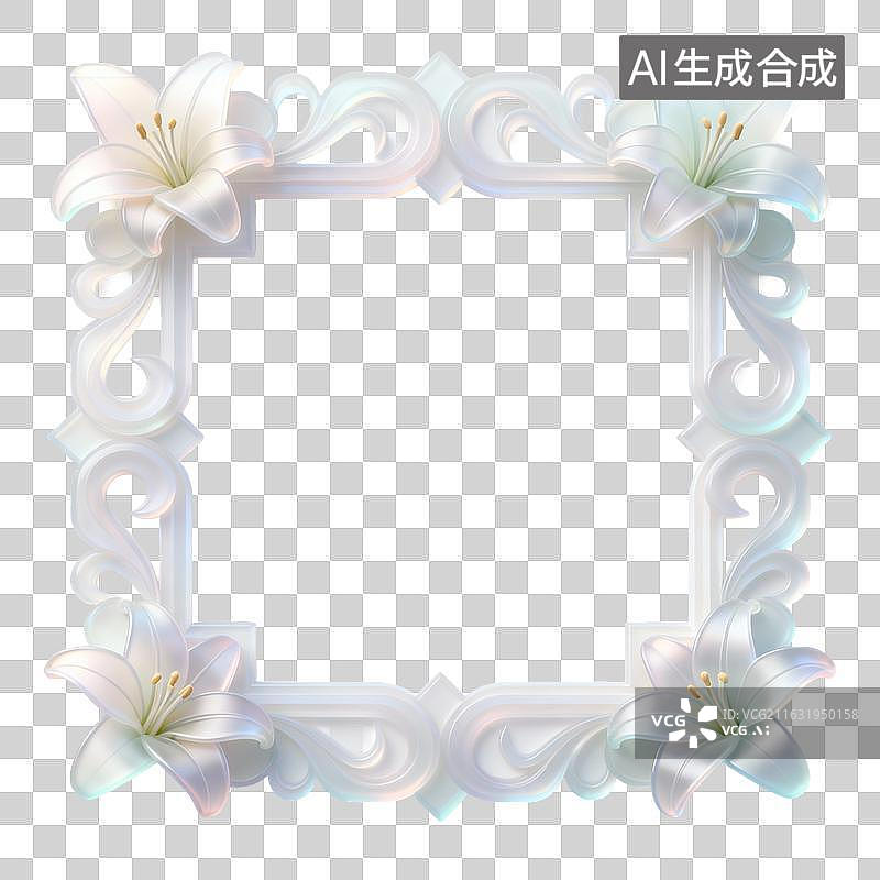 【AI数字艺术】白色百合花装饰的精致对称边框图片素材