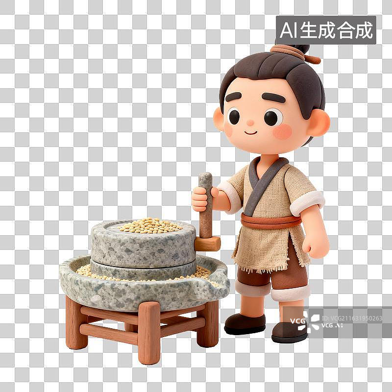 【AI数字艺术】古装少年手持石磨磨黄豆图片素材
