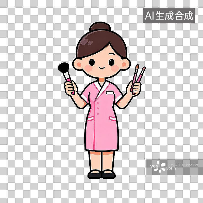 【AI数字艺术】穿粉色制服手持化妆刷的卡通美容师图片素材