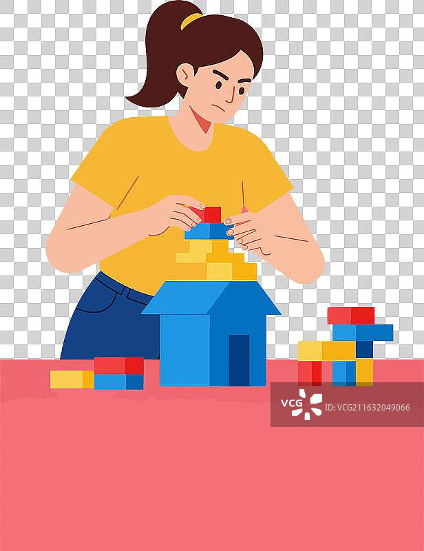一个女人在桌子上用彩色积木搭建房子图片素材