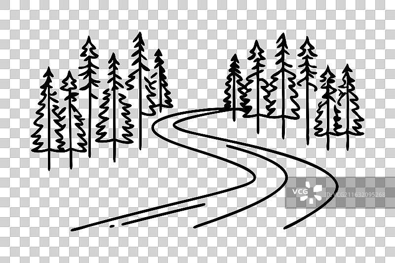 蜿蜒的公路穿过森林线条艺术平面图图片素材