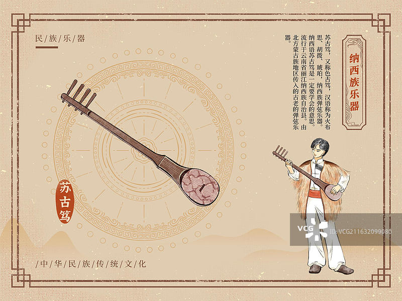 民族传统乐器介绍海报模板，纳西族弹弦乐器，苏古笃，又称色古笃，又名火布思、胡拨、琥珀。图片素材