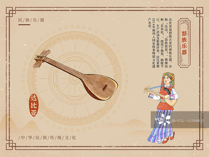 民族传统乐器介绍海报模板，怒族琵琶，达比亚。图片素材