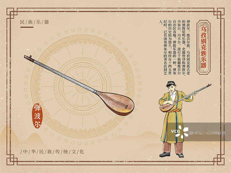 民族传统乐器介绍海报模板，乌孜别克族，弹波尔。图片素材