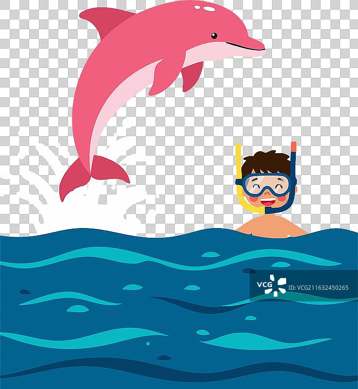 粉色海豚在蓝水中跃过浮潜者图片素材