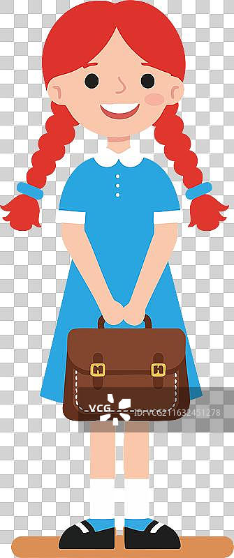 红发女学生，肩挎棕色书包图片素材
