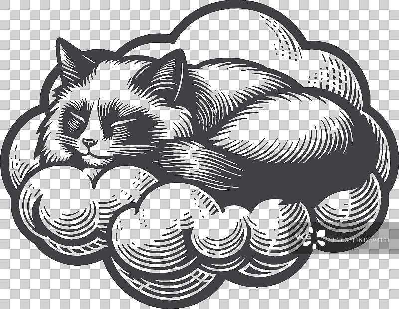 复古手绘布偶猫在云朵上睡觉图片素材