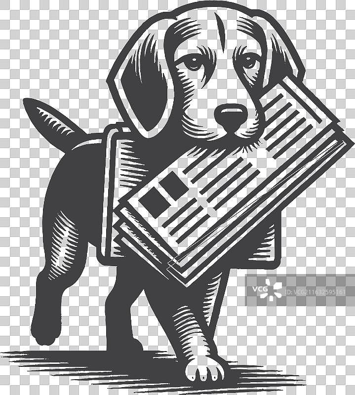 复古手绘比格犬叼着报纸图片素材