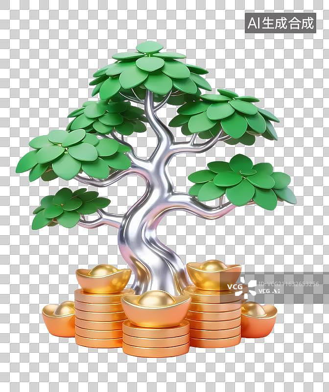 【AI数字艺术】金色发财树与金币图片素材
