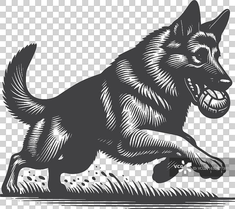 复古手绘德国牧羊犬追逐图片素材