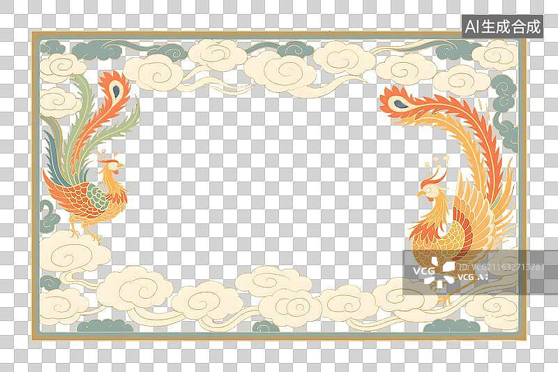 【AI数字艺术】传统中国风凤凰祥云装饰画框免抠元素图片素材