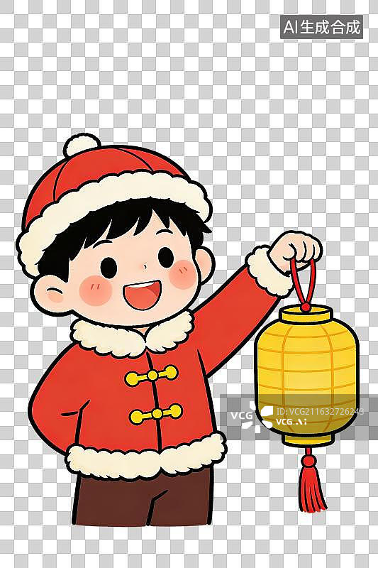 【AI数字艺术】3D渲染免抠图形元素穿着红色棉袄戴着帽子手提灯笼的男孩图片素材