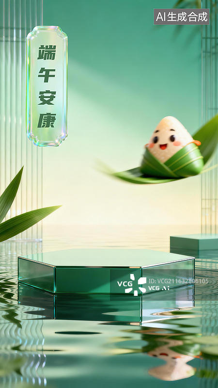 【AI数字艺术】端午节电商展台产品宣传海报背景 3D立体Q版可爱卡通粽子表情包拟人 多边形半透明几何体舞台图片素材