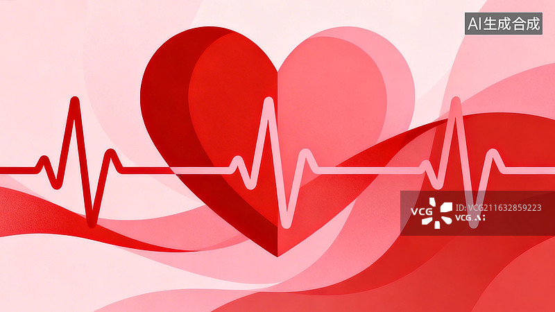 【AI数字艺术】红色心形与心跳波线图案图片素材