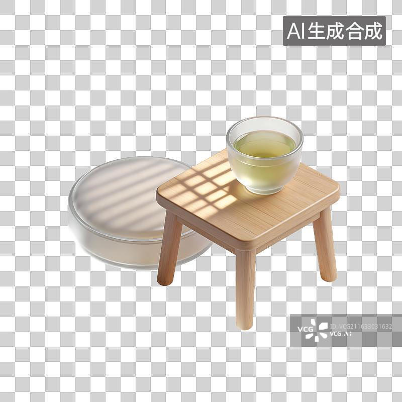 【AI数字艺术】茶几茶杯蒲团阳光插画图片素材
