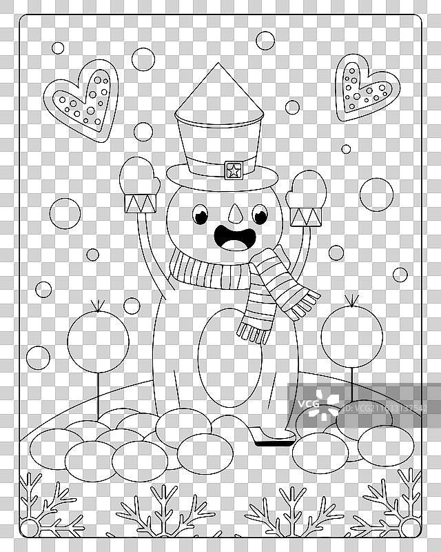 可爱的雪人填色页，冬季节日主题图片素材