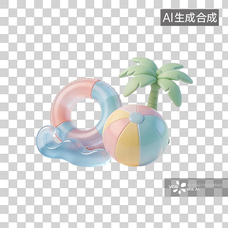 【AI数字艺术】海滩游泳圈水球椰树插画图片素材