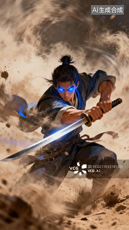 【AI数字艺术】武士挥剑沙尘中图片素材