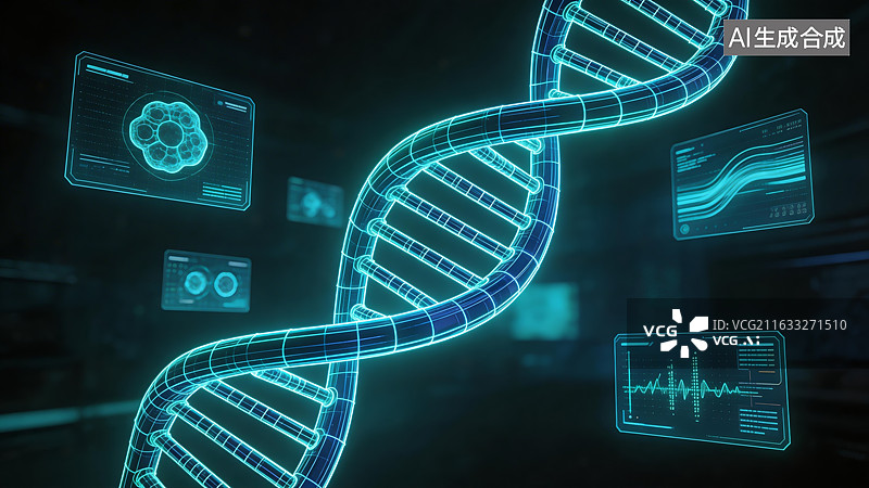 【AI数字艺术】未来科技感蓝色发光DNA双螺旋结构与医疗数据分析虚拟屏幕图片素材