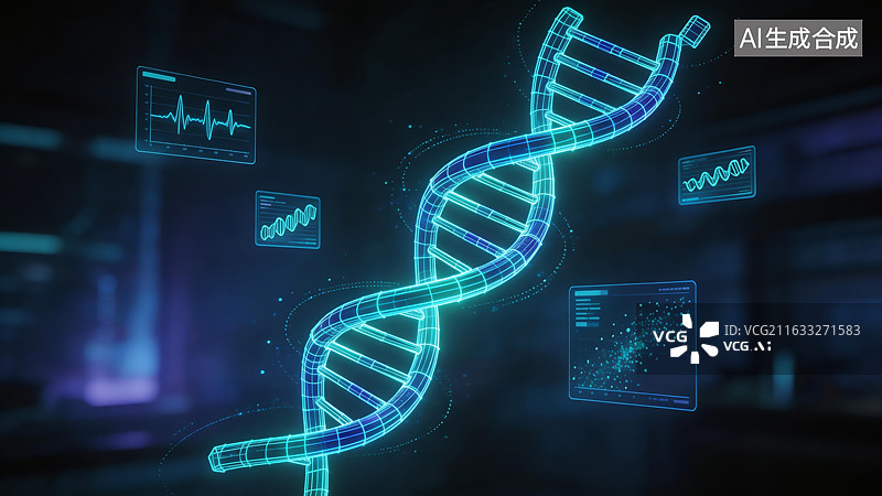 【AI数字艺术】未来科技感蓝色发光DNA双螺旋结构与医疗数据分析虚拟屏幕图片素材