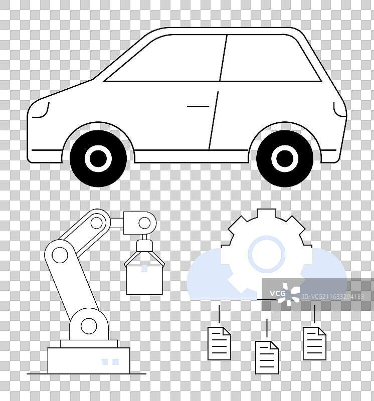 自动驾驶汽车、工业机器人手臂和数字图片素材