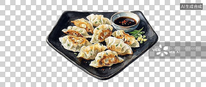 【AI数字艺术】水彩风格黑色盘子里的煎饺手账贴纸插画图片素材