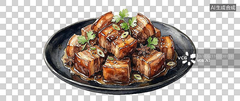 【AI数字艺术】水彩风格黑色盘子里的把子肉手账贴纸插画图片素材