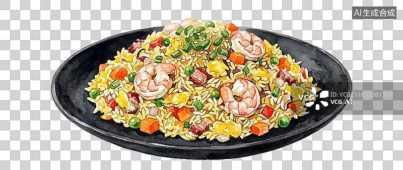 【AI数字艺术】水彩风格黑色盘子里的扬州炒饭图片素材