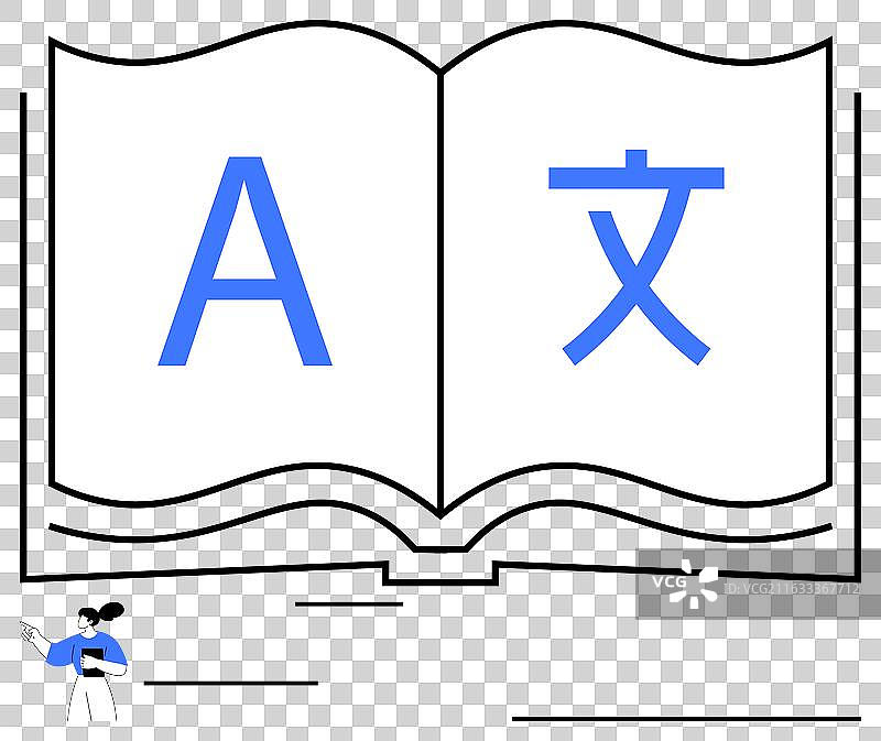 一本打开的书，上面有代表多语言的字母图片素材