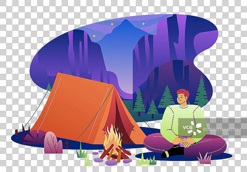 年轻男子在露营旅行中，靠近橙色帐篷图片素材