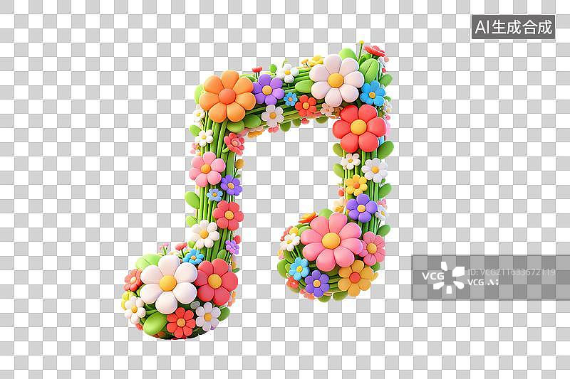 【AI数字艺术】卡通风格，鲜花组成的音符PNG格式的免扣元素图片素材