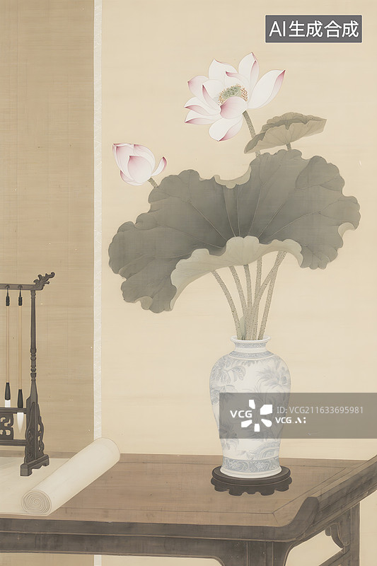 【AI数字艺术】工笔荷花青花瓷瓶图图片素材