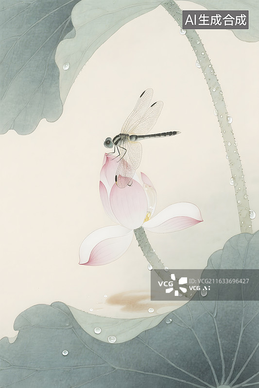 【AI数字艺术】水墨荷花蜻蜓图图片素材