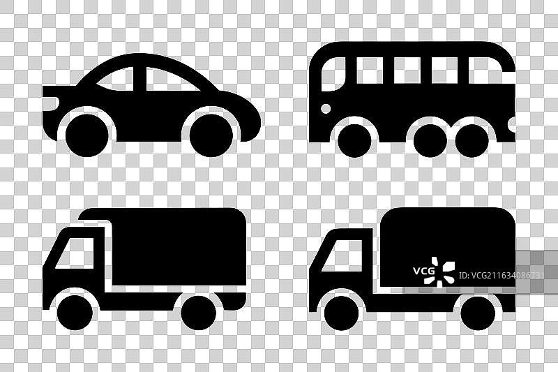 汽车、卡车和巴士图标集黑色剪影图片素材