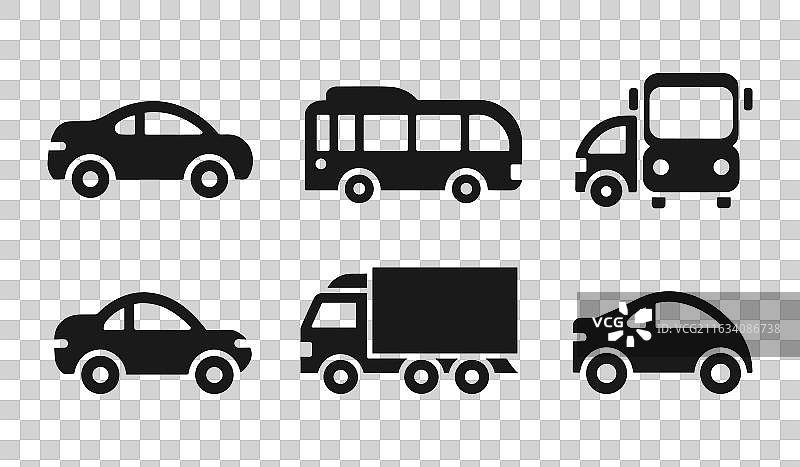 汽车、卡车和公交车图标集 黑色剪影图片素材