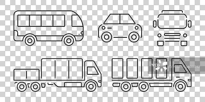 汽车、卡车和巴士图标集黑色剪影图片素材