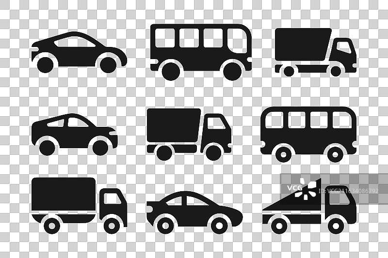 汽车、卡车和公交车图标集黑色剪影图片素材