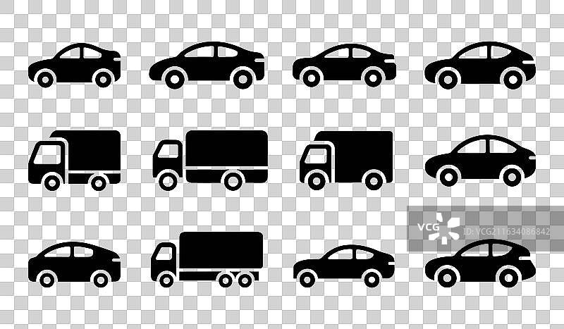 汽车、卡车和巴士图标集黑色剪影图片素材