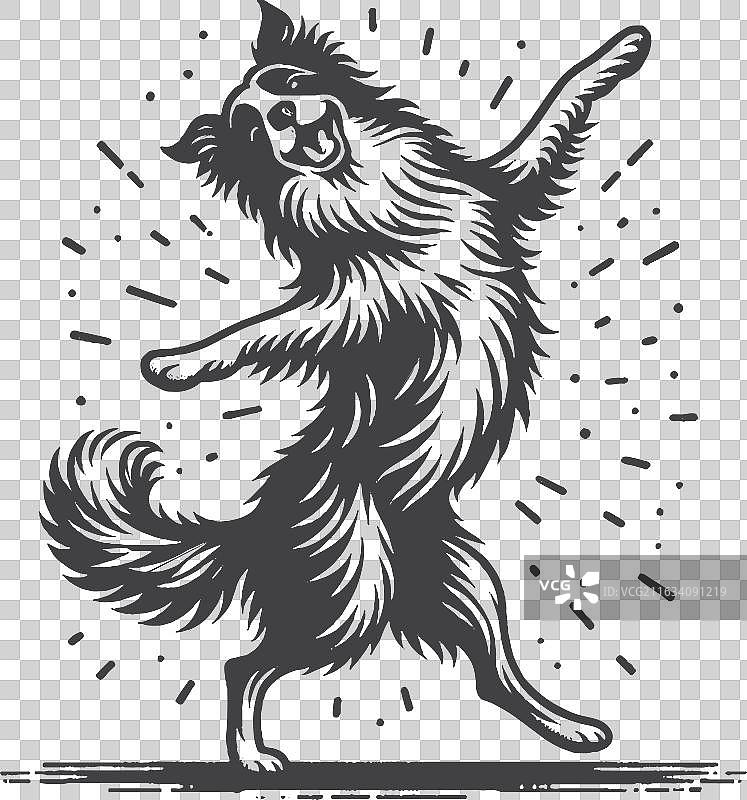 复古手绘边境牧羊犬快乐地跳舞图片素材