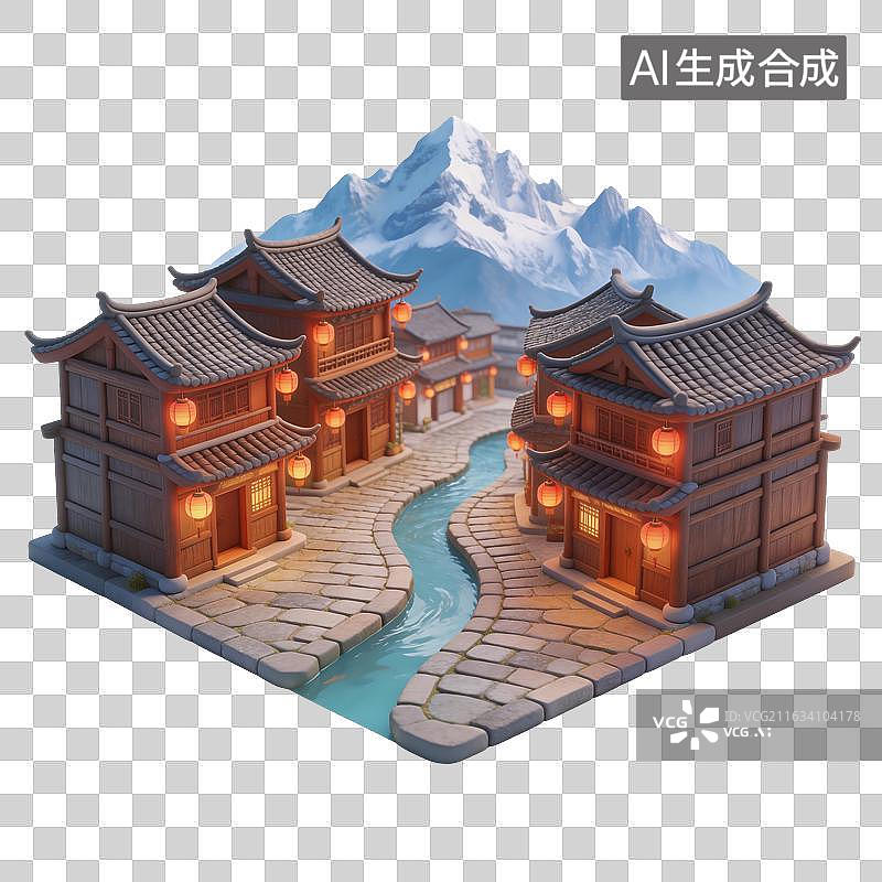 【AI数字艺术】雪山古镇风景插画图片素材