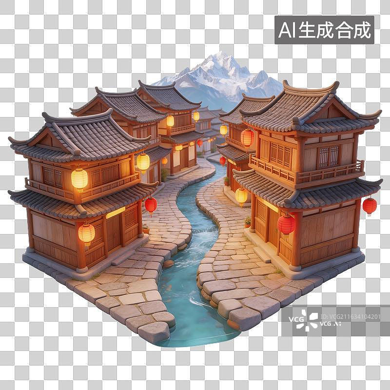 【AI数字艺术】雪山古镇风景插画图片素材