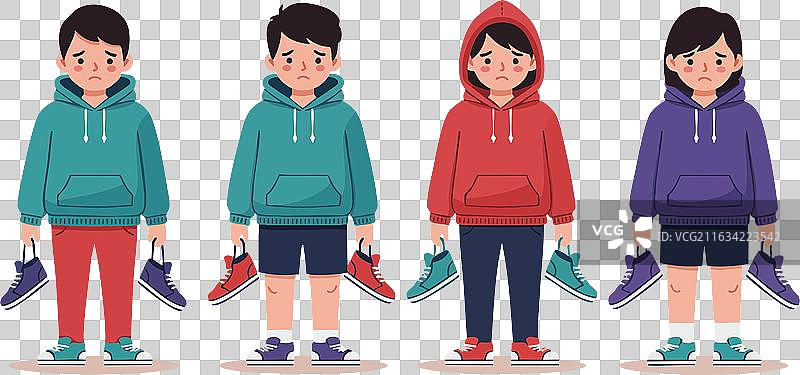 穿着帽衫的男孩们拿着运动鞋，休闲的儿童图片素材