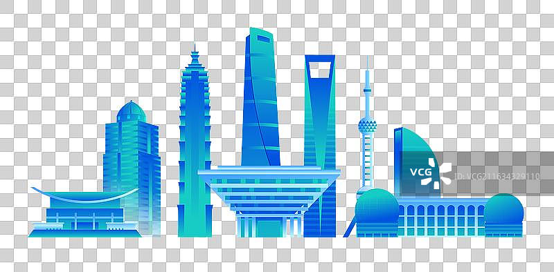蓝色渐变上海城市建筑矢量插画图片素材
