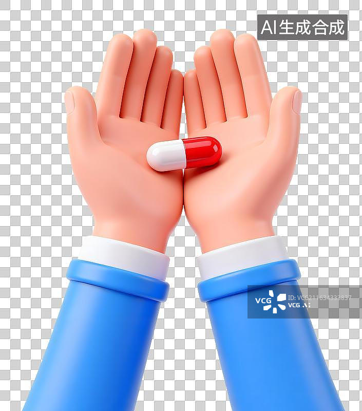 【AI数字艺术】AIGC：3D渲染双手拿着的药丸胶囊，免抠元素图片素材