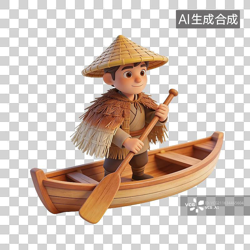 【AI数字艺术】头戴斗笠身穿蓑衣的船夫划船插画图片素材